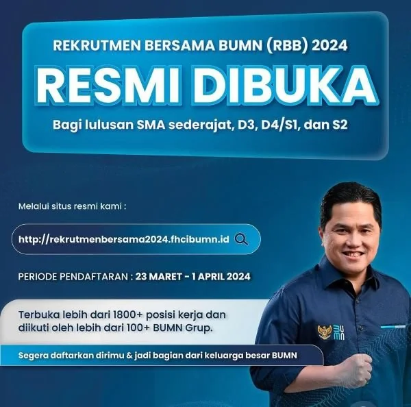Pendaftaran Rekrutmen Bersama BUMN 2024 resmi dibuka, Sabtu (23/3). (Foto : ist).