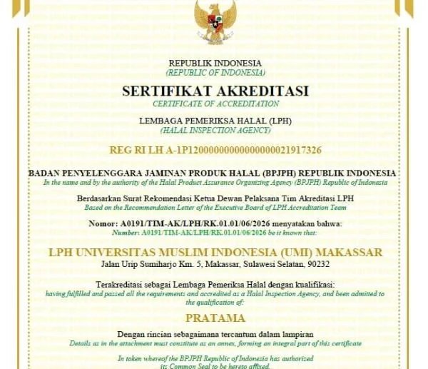 LPH UMI Makassar resmi memperoleh Akreditasi LPH Kualifikasi Pratama dari Badan BPJPH Republik Indonesia (Dok: Ist)