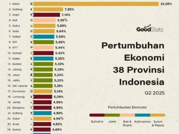 Grafik GoodStats Soal Informasi Pertumbuhan Ekonomi di 38 Provinsi di Indonesia Tahun 2025, (Dok: Ist).