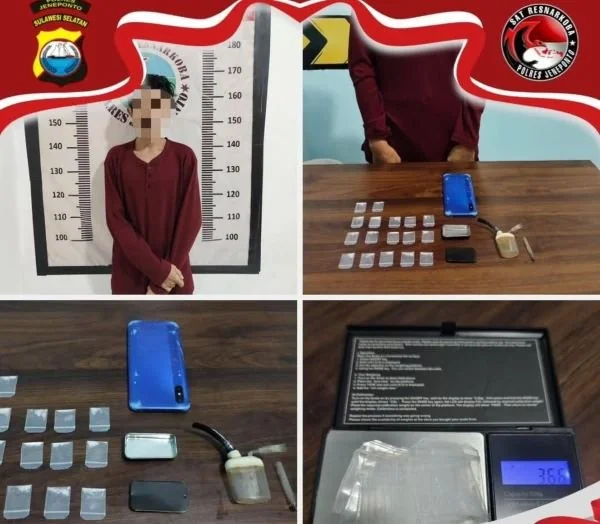RI (25) berserta barang bukti sabu seberat 3,66 gram saat diamankan Tim Opsnal Satresnarkoba Polres Jeneponto. (Dok: Ist).