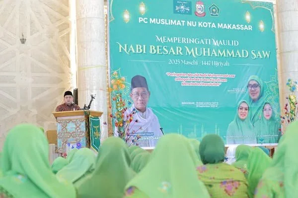 Wali Kota Makassar Munafri Arifuddin saat Sambutan di Maulid Akbar Peringatan Kelahiran Nabi Besar Muhammad SAW yang digelar Muslimat NU Kota Makassar, (Dok: Ist).