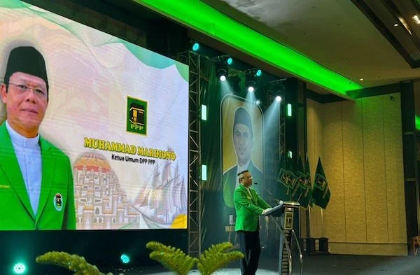 Ketua Umum (Ketum) Partai Persatuan Pembangunan (PPP) Muhammad Mardiono saat Sambutan di Mukernas PPP di Makassar (Dok: KabarMakassar).