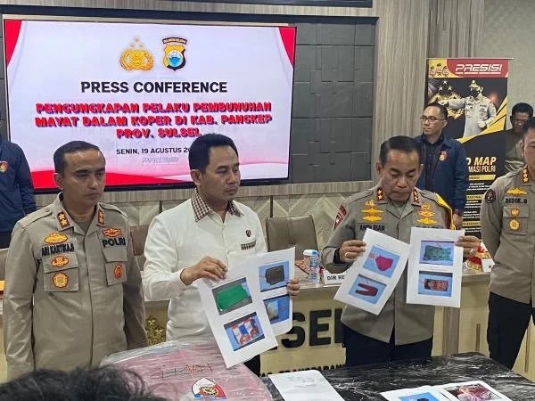 Konferensi pers penemuan mayat dalam koper (Dok: Atri KabarMakassar)