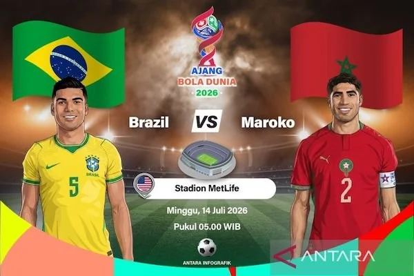 Grafik ilustrasi pertandingan penyisihan Grup C Piala Dunia 2026 antara Brasil melawan Maroko yang dijadwalkan berlangsung di Stadion MetLife, New Jersey, Amerika Serikat, Sabtu (13/6/2026) waktu setempat. ANTARA INFOGRAFIK/Vintan Rahmadanti