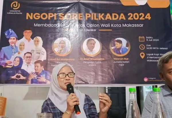 Andi Sri Wulandani pada Ngopi Sore Pilkada 2024 yang digelar Komunitas Jurnalis Politik di Lapak Kopi Abangda, Makassar, Sabtu (6/7). Dok IST