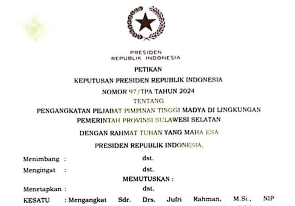 Foto Surat Keputusan Presiden Republik Indonesia Nomor 97/TPA Tahun 2024 yang beredar di media sosial (Dok : Ist).