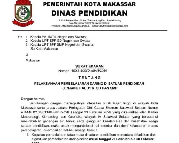 Surat Edaran Sekolah Daring Disdik Kota Makassar (Dok: Ist).