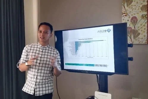 Chief Operating Officer (COO), Archy Research and Strategic, Muh Fitriady memaparkan hasil Survei Pemilihan Walikota Makassar di kantor Archy Research and Strategic di kantornya, Rabu (19/6). DOK IST