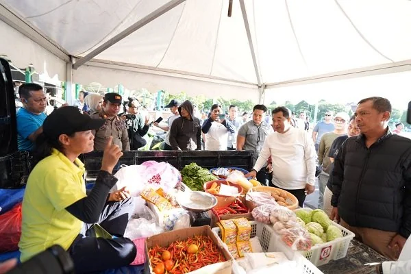 Pj Gubernur Sulsel saat mengecek harga kebutuhan pokok di Gerakan Pangan Murah, Minggu (17/2).