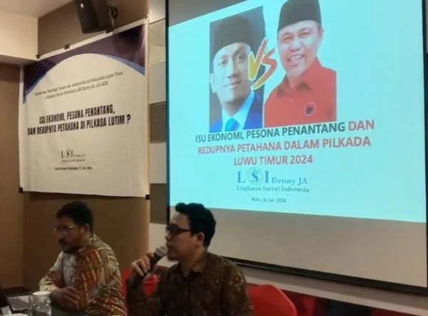 Tingkat elektabilitas tiga kandidat calon Bupati Luwu Timur 2024 yang dirilis LSI Denny JA di Makassar. Foto IST