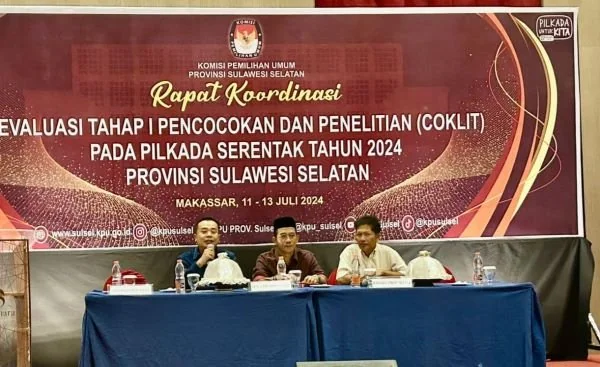 Rapat Koordinasi evaluasi tahap I pencocokan dan penelitian pada Pilkada serentak 2024 Provinsi Sulawesi Selatan di Makassar (Dok : ist).