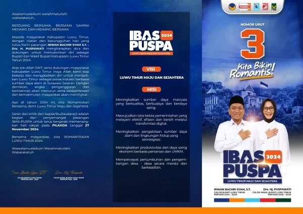 Paslon Bupati dan Wakil Bupati Lutim Nomor Urut 03, Irwan Bachri Syam dan Puspawati (Dok : Ist).
