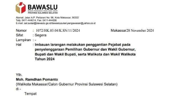 Surat Bawaslu Sulsel terkait larangan mutasi pejabat (Dok : Ist).