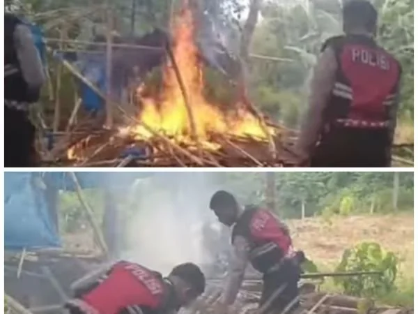 Personil Satuan Samapta Polres Jeneponto, saat membongkar dan membakar arena judi sabung ayam di Desa Lebangmanai Utara, Kecamatan Rumbia, Kabupaten Jeneponto, Sulawesi Selatan (Dok : Ist).