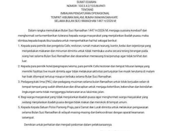 Surat Edaran mengenai pengaturan operasional tempat usaha di seluruh wilayah Kabupaten Jeneponto.