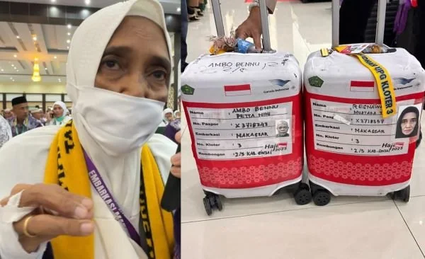 Jemaah asal Sinjai dan koper almarhum suami saat tiba di tanah air (dok : Ist).