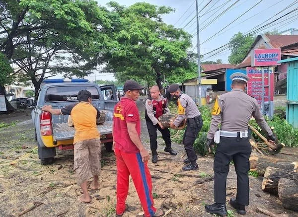 Petugas Kepolisian bersama Warga setempat saat melakukan evakuasi pohon di tengan jalan. (Foto/ist).