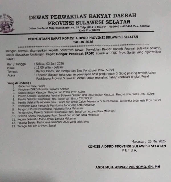 Surat Panggilan RDP di Komisi A DPRD Sulsel (Dok: Ist).