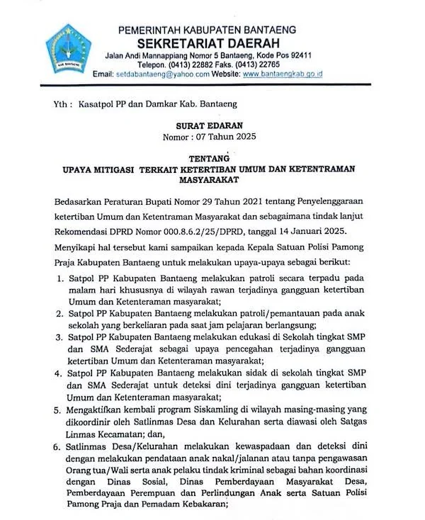 Surat Edaran Nomor 07 Tahun 2025 tentang upaya mitigasi terkait ketertiban umum dan ketentraman Masyarakat. (Ist).