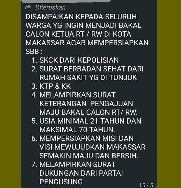 Tangkapan Layar Kabar Berantai Soal Syarat Pemilihan RT/RW, (Dok: Ist).