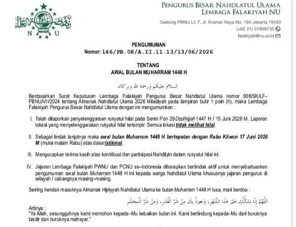 Pengumuman LF PBNU tentang penetapan 1 Muharram 1448 Hijriah. (Dok: Ist)