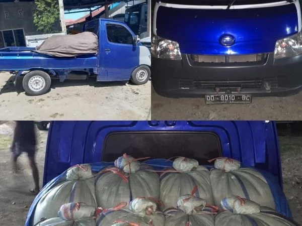 Mobil Pick up dan 10 karung Ballo saat diamankan di Mapolres Jeneponto (Dok : ist).
