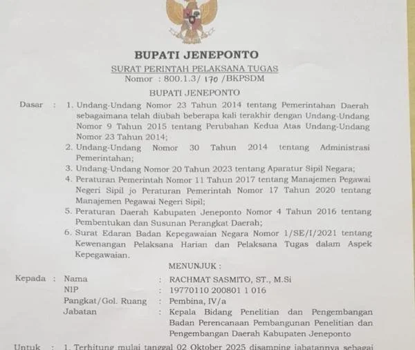 Surat Keputusan (SK) penunjukan Bupati Jeneponto kepada Rachmat Sasmito.( Ist).
