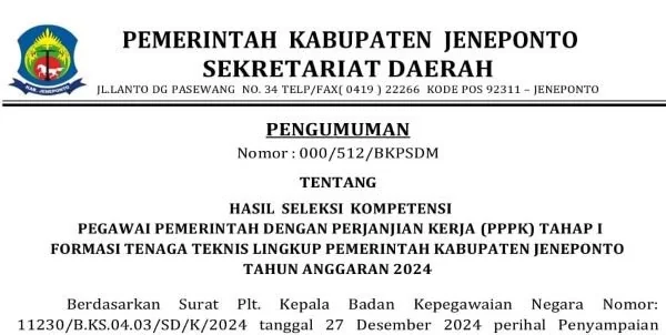 Pengumuman hasil seleksi kompetensi Pegawai Pemerintah dengan Perjanjian Kerja (PPPK) tahap I formasi tenaga teknis lingkup Pemerintah Kabupaten Jeneponto T.A. 2024 (Dok: Ist)