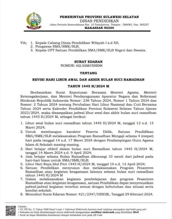 Dinas Pendidikan Sulsel Keluarkan Surat Edaran Siswa Libur Awal Ramadhan.