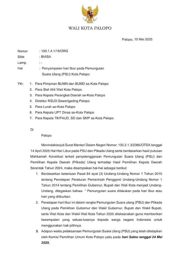 Surat Edaran liburan instansi dan pendidikan saat Pilkada Palopo, Dok Istimewa.