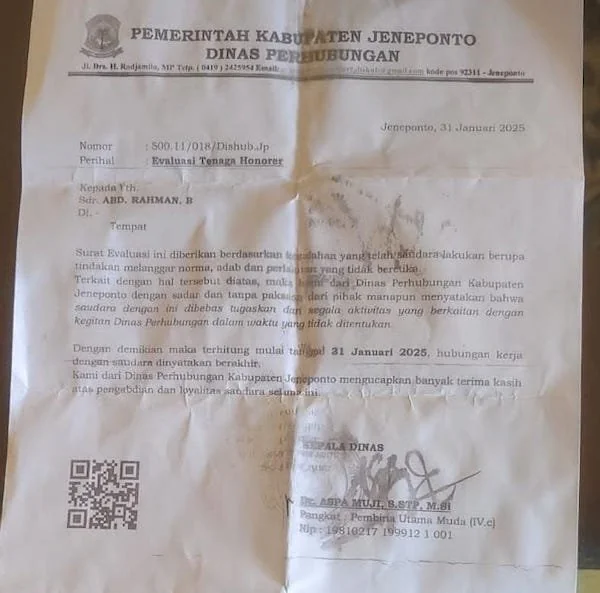 Surat Pemberhentian Abdul Rahman. (Foto/ist).