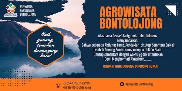 Pamflet pengumuman Jalur Agrowisata Bontolojong dan Bulu Bialo ditutup sementara. (Ist).