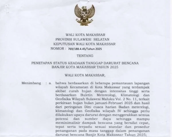 Surat Wali Kota Makassar, Moh Ramdhan Pomanto terkait status tanggap darurat banjir di Makassar (Dok : Ist).