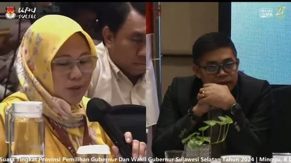 Ketua Bawaslu Sulsel, Mardiana Rusli saat mencerca sejumlah pertanyaan kepada  Ketua KPU Jeneponto, Asming. S dalam rapat pleno terbuka rekapitulasi hasil penghitungan suara Pilkada tingkat Provinsi di Hotel Novotel, Jl Chairil Anwar, Makassar, Sulsel, Mi