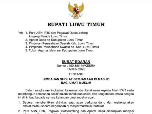 Surat edaran Bupati Luwu Timur (Dok : Ist).