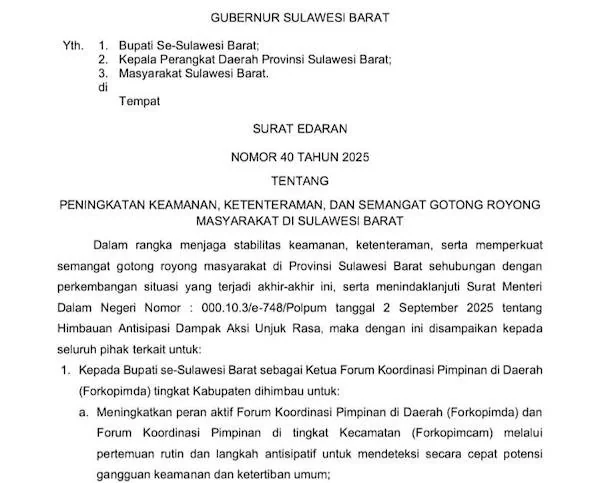 Salinan surat edaran Gubernur Sulawesi Barat(dok:ist)