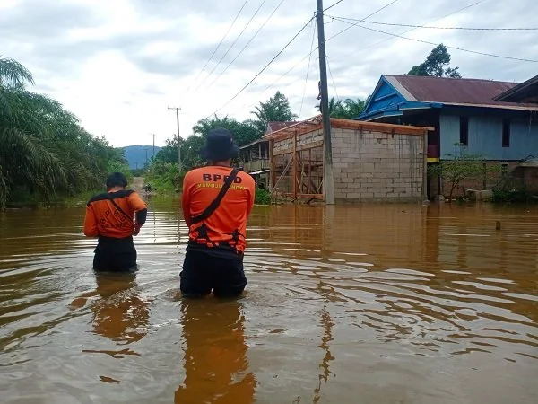BPBD Sulbar saat melakukan peninjauan lokasi banjir.