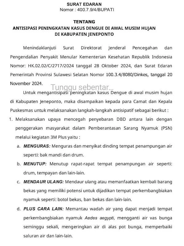 Surat Edara Bupati Jeneponto tentang Antisipasi Peningkatan Kasus Deman Berdarah Dengue (DBD) di awal musim hujan 2025. (Ist).