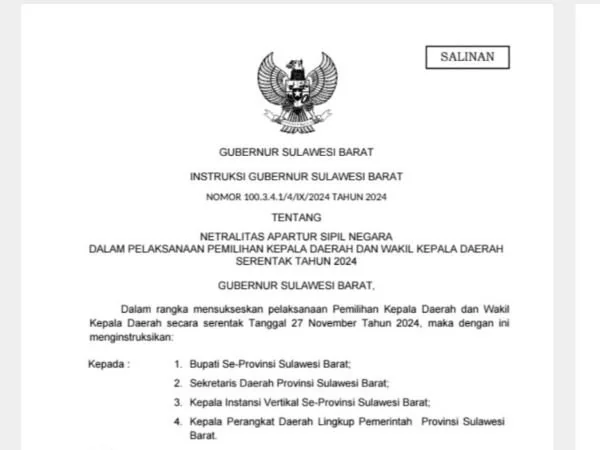 Surat instruksi Pj Gubernur kepada para ASN se-Sulawesi Barat  (Dok : Ist).