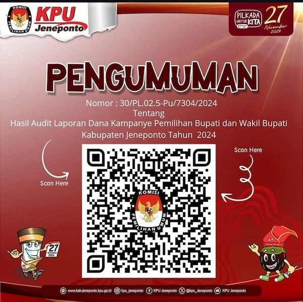 Barcode hasil audit laporan dana kampanye pemilihan Bupati dan Wakil Bupati Kabupaten Jeneponto Tahun 2024 di laman resmi akun instagram @kpu_jeneponto. (Tangkapan layar)