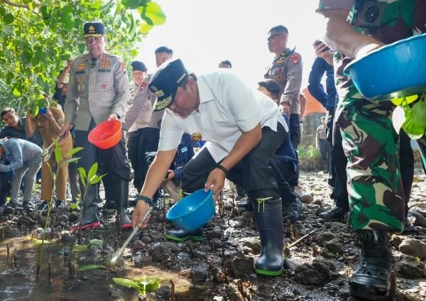 Pj Gubernur Sulbar Bahtiar Baharuddin saat menebar benih kepiting (Dok : Ist).