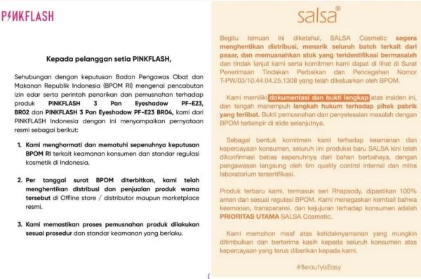 Klarifikasi merek kosmetik populer Pinkflash dan Salsa Cosmetic. Dok. Ist