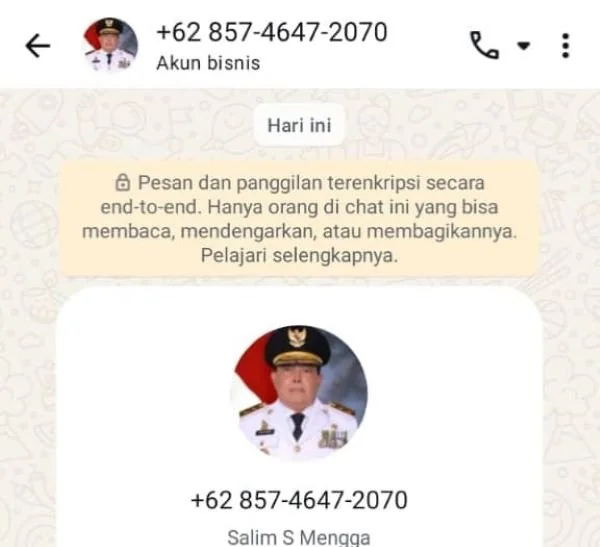 Akun palsu yang mengatasnamakan Wakil Gubernur Sulbar Salim S Mengga (dok:ist)