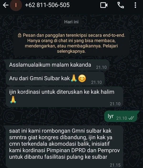 Percakapan pelaku yang mengatasnamakan GMNI Sulbar yang meminta bantuan(dok:ist)