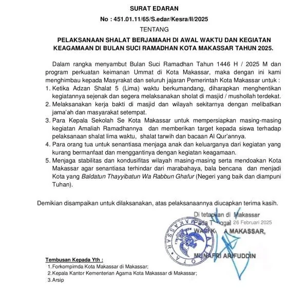 Surat Edaran Wali Kota Makassar (Dok : Ist).