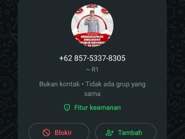 Nomor Whatsapp Palsu yang Mencatut Nama Kapolresta Mamuju. (Dok: Ist)