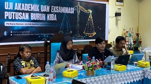 Terdapat 11 poin hasil eksaminasi yang diungkap dalam Uji Akademik dan Eksaminasi Putusan Buruh KIBA yang berlangsung di Fakultas Ushuluddin dan Filsafat UIN Alauddin (Dok: Nofi KabarMakassar)
