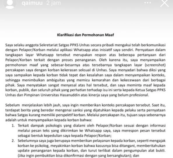 tangkapan layar permintaan maaf staf satgas PPKS Unhas (Dok:Ist)