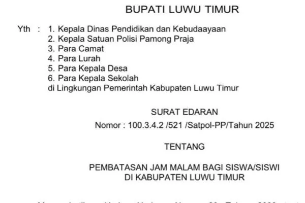 Surat Edaran Pembatasan Jam Malam Siswa di Luwu Timur (Dok : Ist).