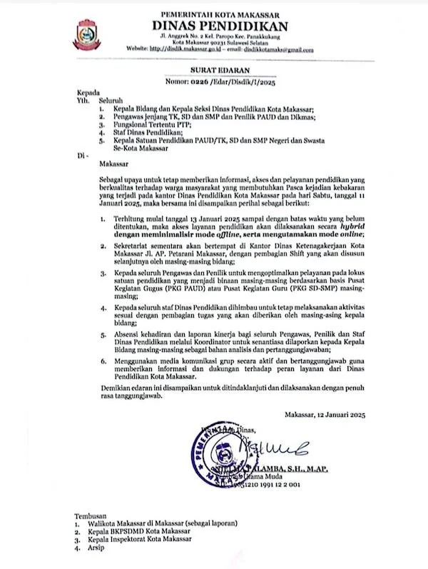 Surat Edaran Dinas Pendidikan Makassar (dok kabarMakassar)